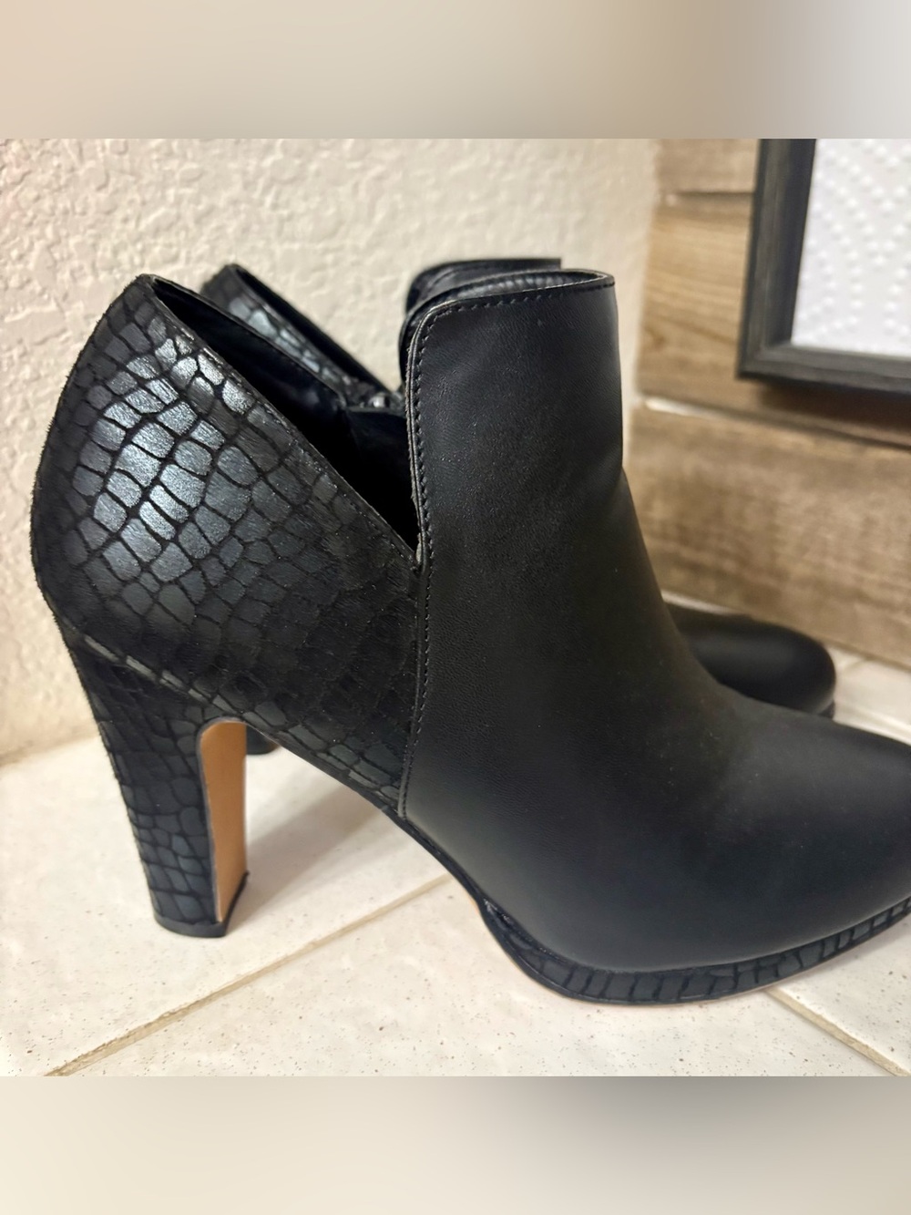 Women's Black High Heel Ankle Booties with Textured Back